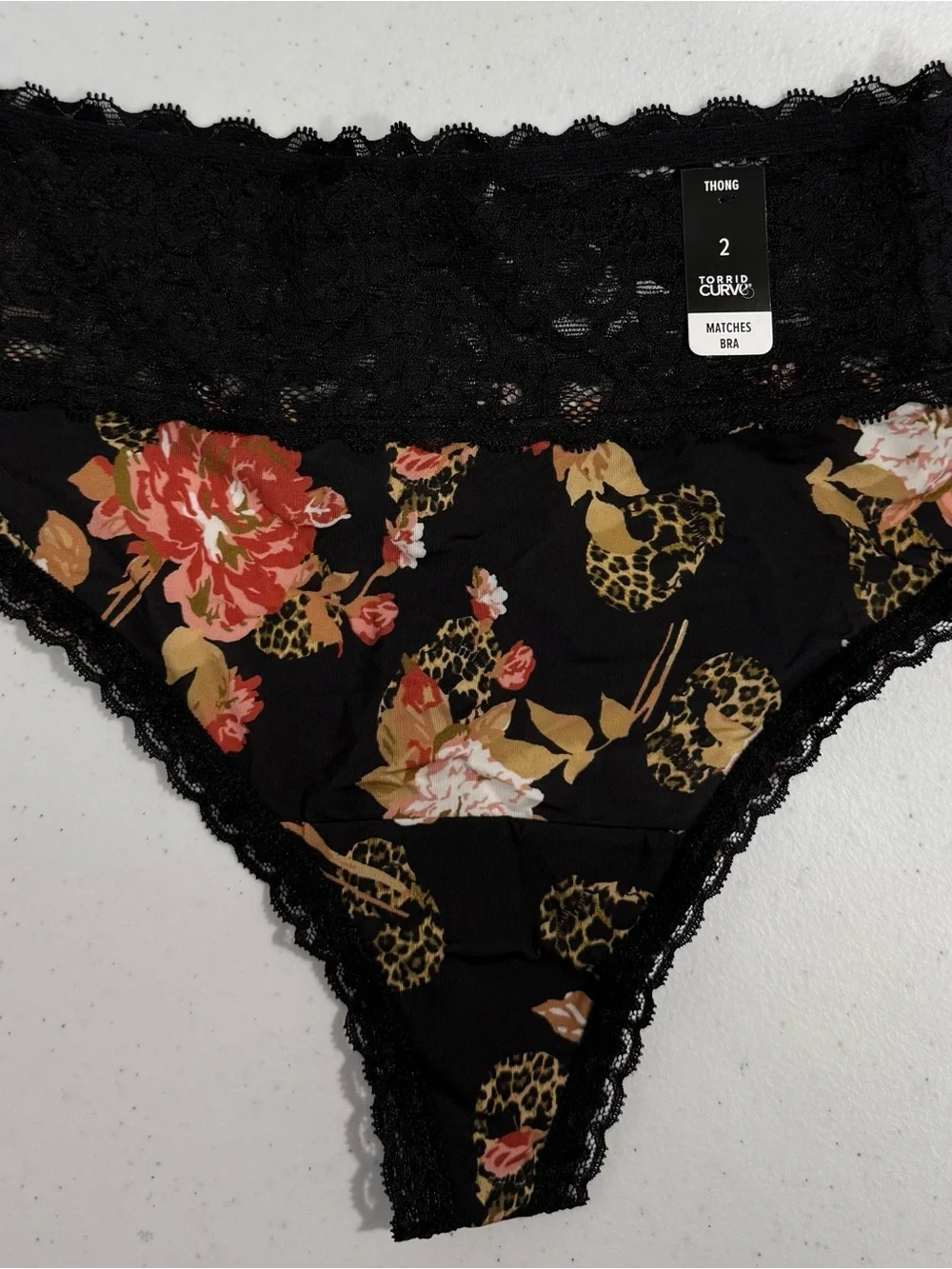 Torrid Curve Black Floral Lace Thong - Black/Floral